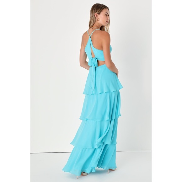 Lulus Tier and Now Med Aqua‎ Blue Maxi Dress Cutout Tiered Halter Backless Gown - Picture 2 of 6